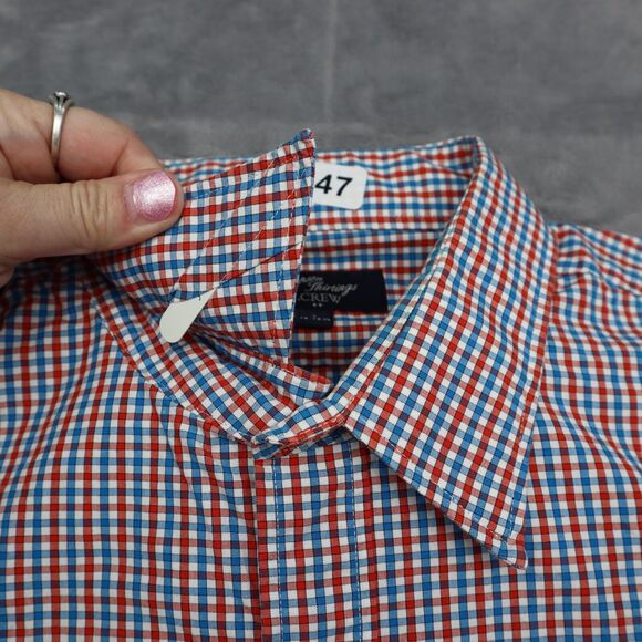 J Crew Shirt Mens Large 16 .5 Blue Red Plaid Dress Workwear Office Button Up - Picture 7 of 16